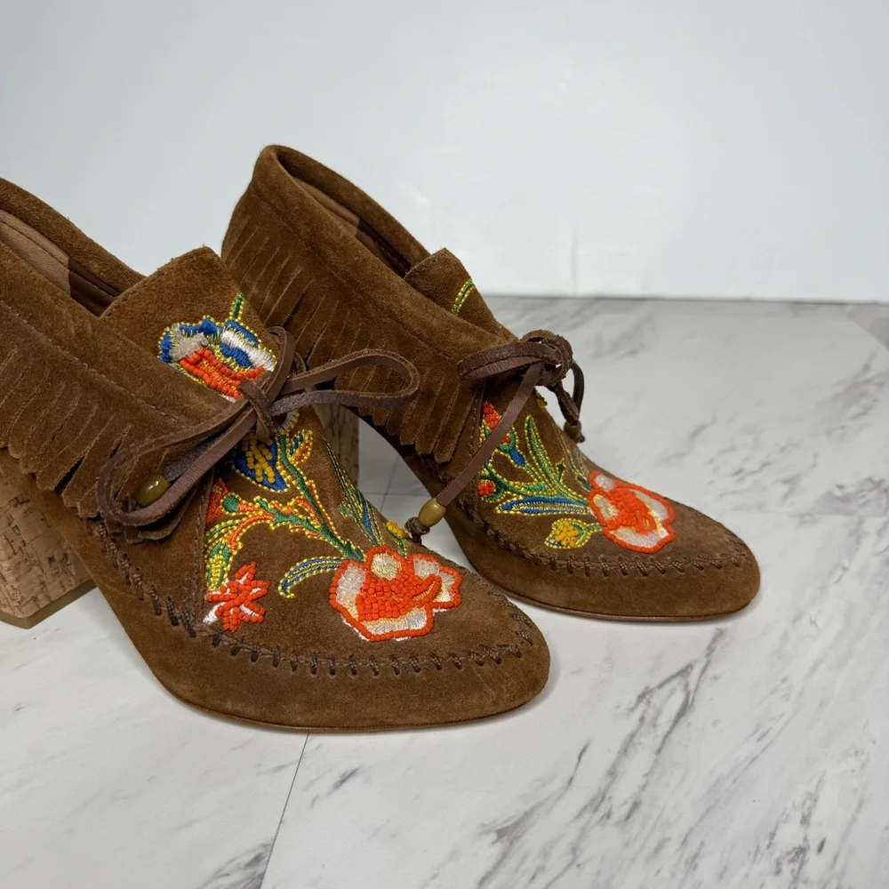 Tory Burch Huntington Fringe Brown Suede Beaded Bootie 5M